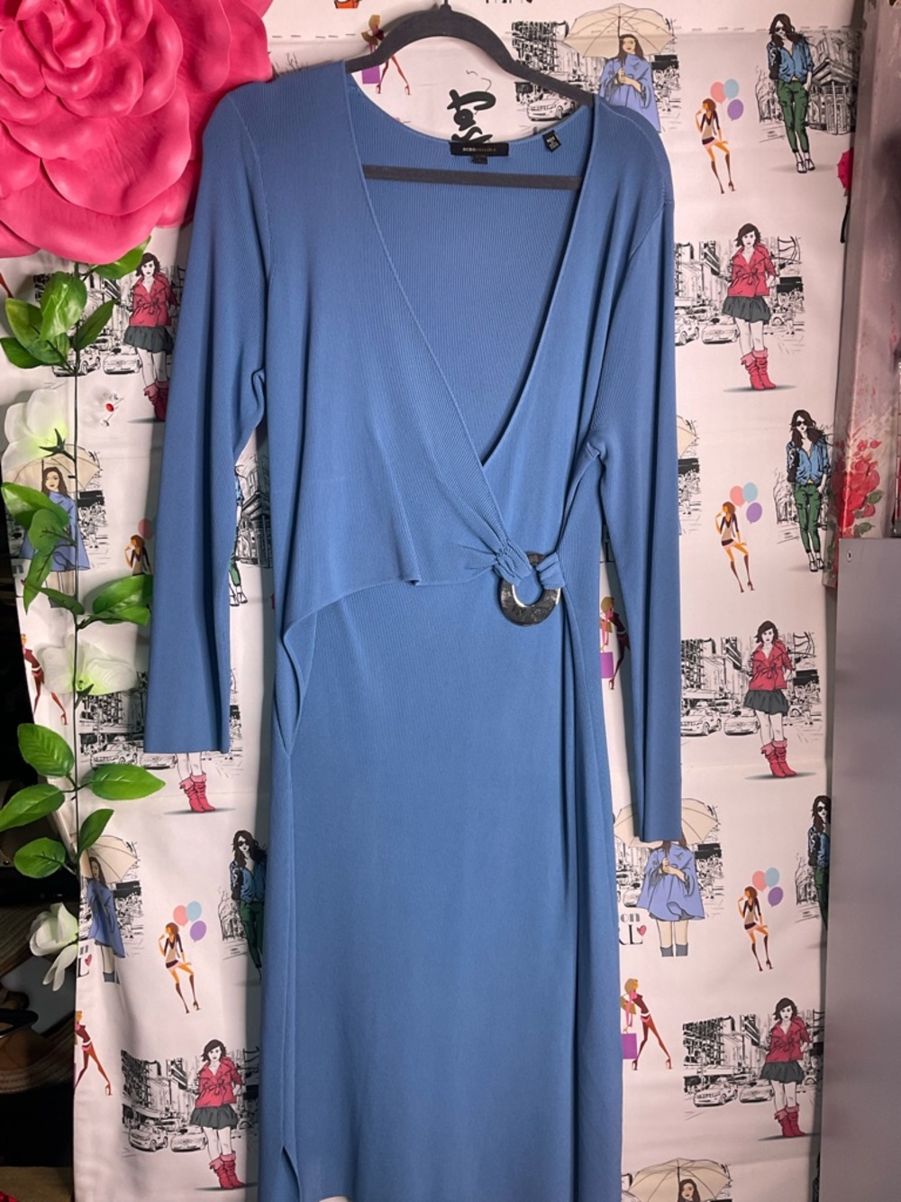BCBG Women’s Blue Wrap Midi Dress with Ring Detail